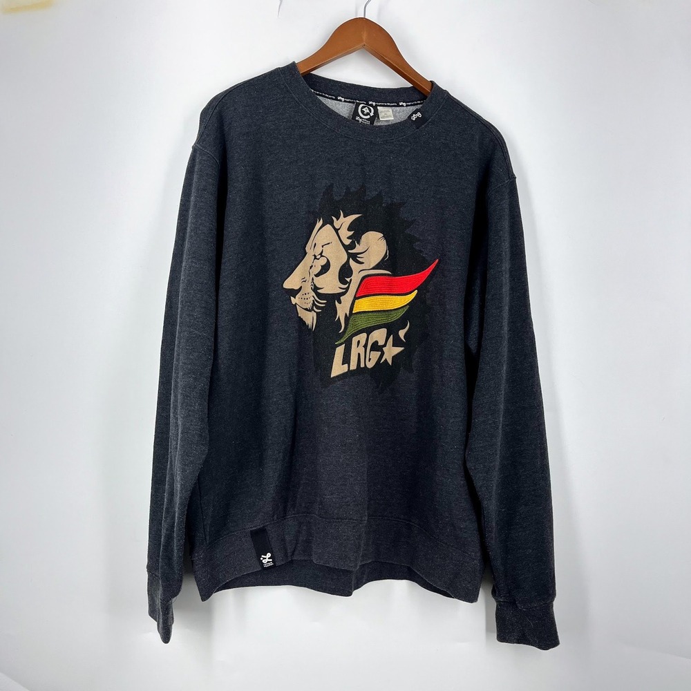 LRG Mens XL Charcoal Gray Lion Graphic Rasta Stripe Crewneck Sweatshirt Pullover